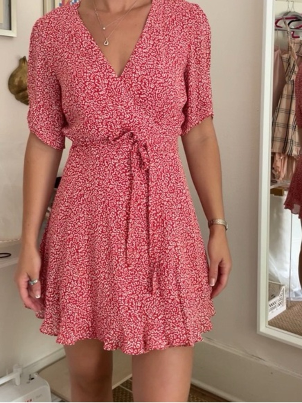 Reformation Monica Red Scribble Wrap Flounce Mini Short Dress Women’s Small S